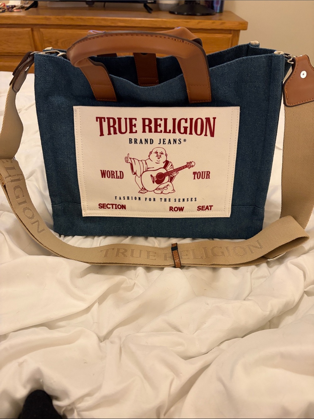 True Religion Navy Canvas Messenger Bag with Tan Accents